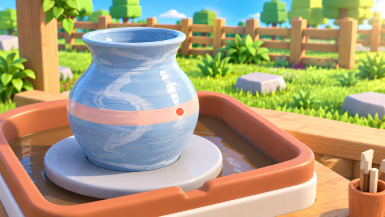 Official promotional image: a light blue vase with a peach band on a terracotta wheel.